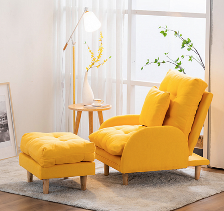 Кресло мягкое желтое дизайнерское с пуфиком для ног из Китая